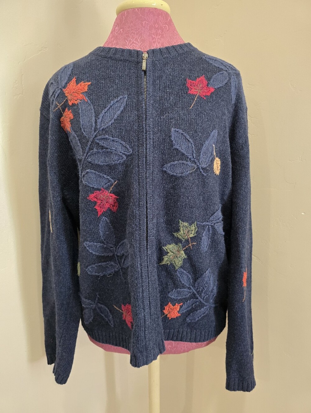 Croft & Barrow Women's Navy Blue Fall Leaves Wool Blend Cardigan Full Zip Size L